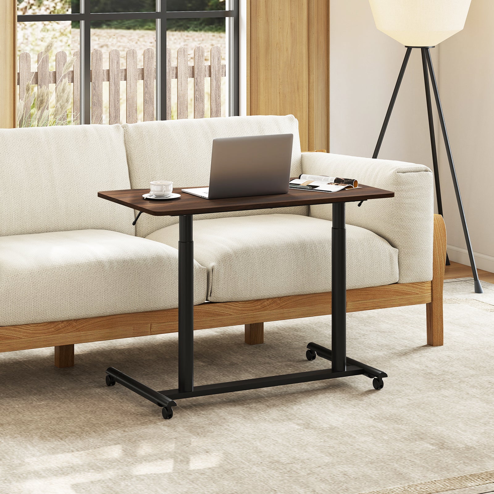 C-Shaped Mobile Standing Desk with Adjustable Height and Lockable Wheels-Brown