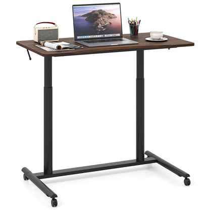 C-Shaped Mobile Standing Desk with Adjustable Height and Lockable Wheels-Brown