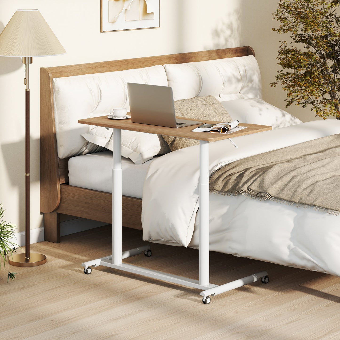 C-Shaped Mobile Standing Desk with Adjustable Height and Lockable Wheels-Natural