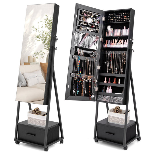 Mobile Standing Lockable Jewelry Cabinet with Full Length Mirror-Black
