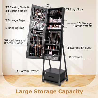 Mobile Standing Lockable Jewelry Cabinet with Full Length Mirror-Black