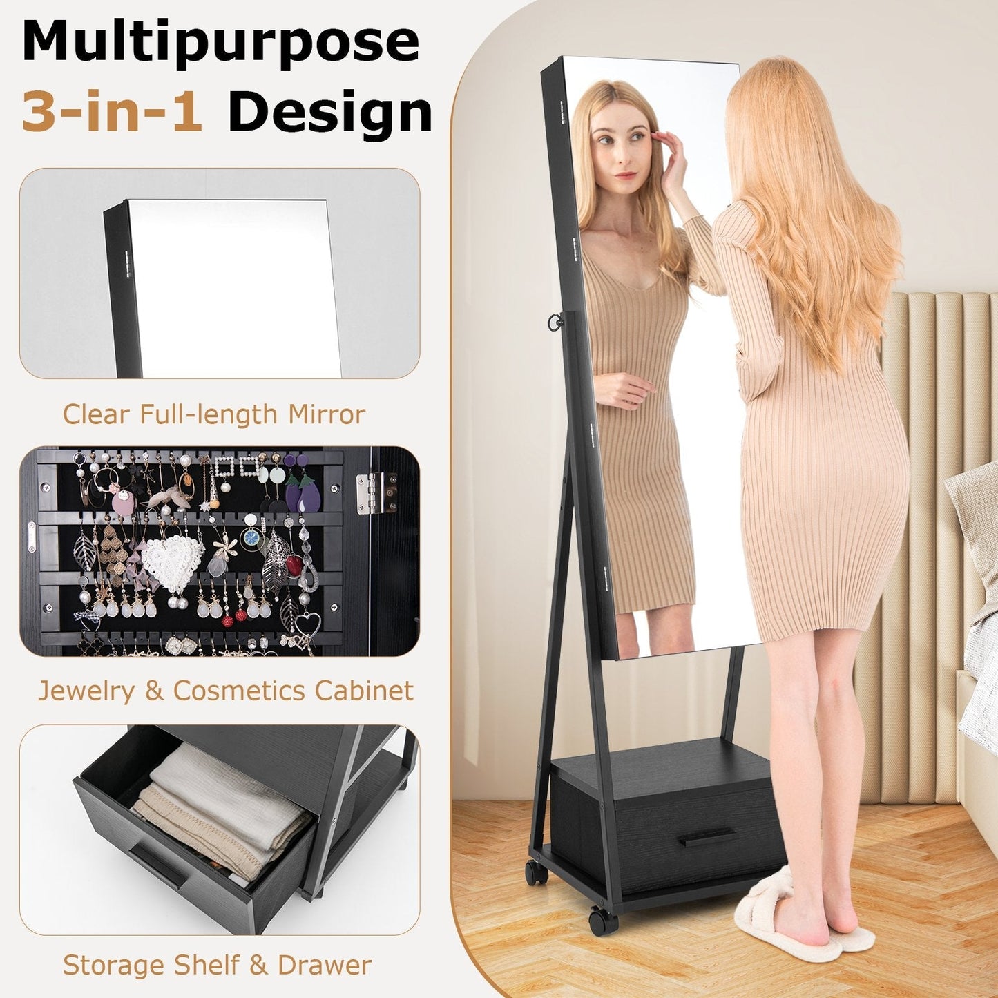 Mobile Standing Lockable Jewelry Cabinet with Full Length Mirror-Black