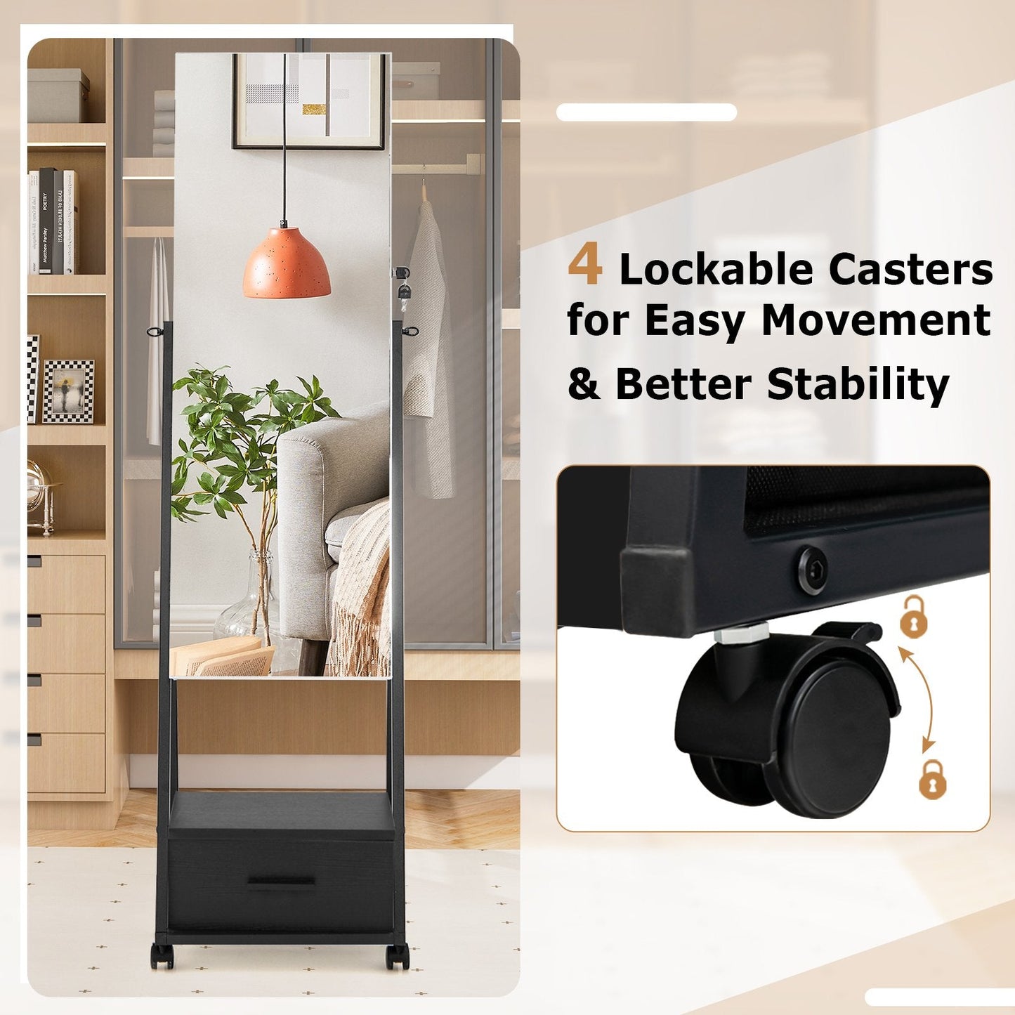 Mobile Standing Lockable Jewelry Cabinet with Full Length Mirror-Black