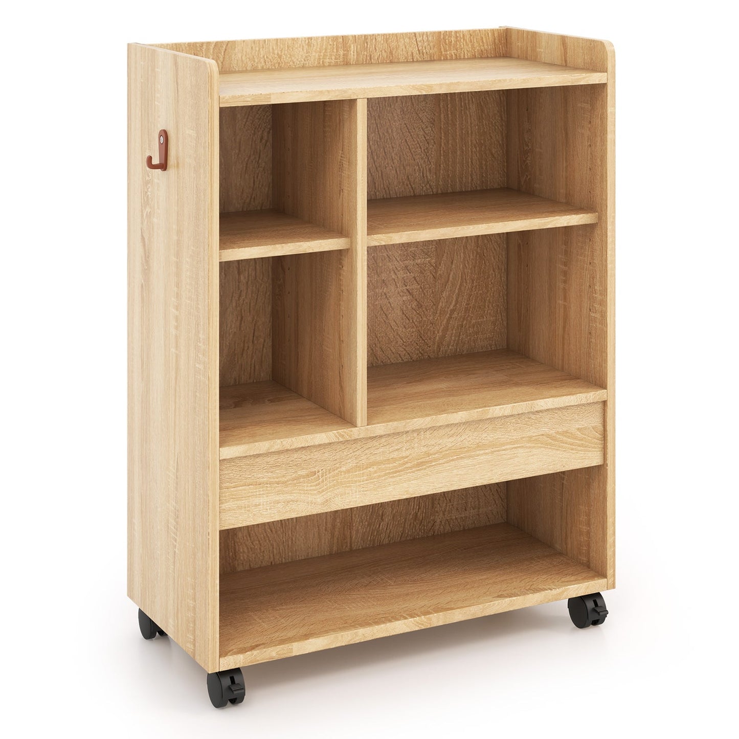 Mobile Storage Cabinet with Drawer and Adjustable Shelves-Natural