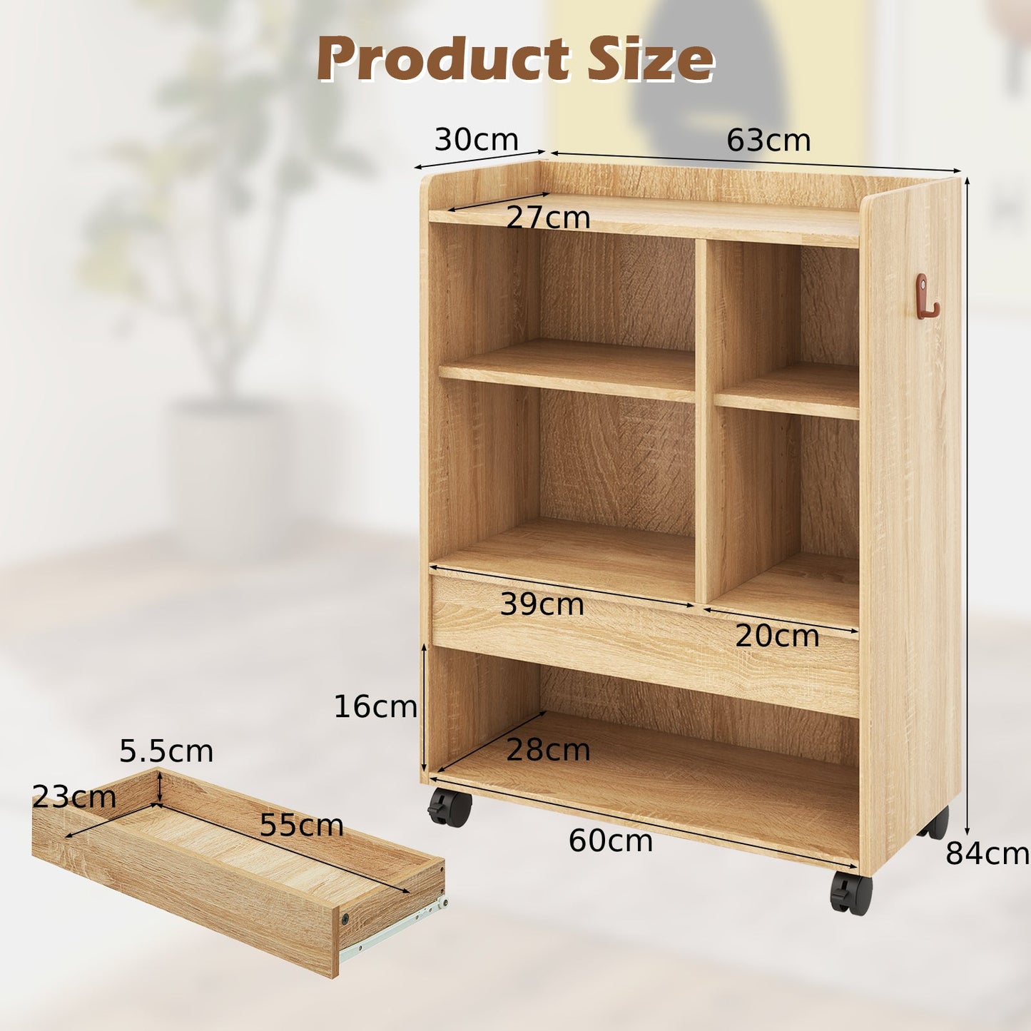 Mobile Storage Cabinet with Drawer and Adjustable Shelves-Natural