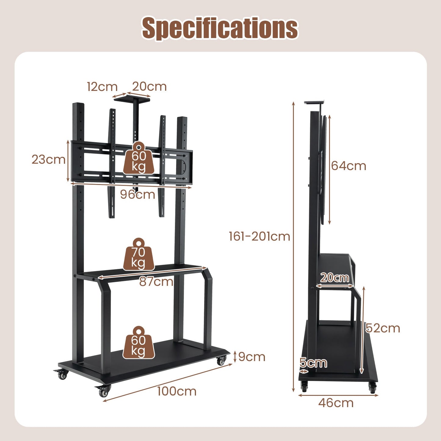 Mobile TV Stand Rolling TV Cart with Camera Shelf and AV Shelves