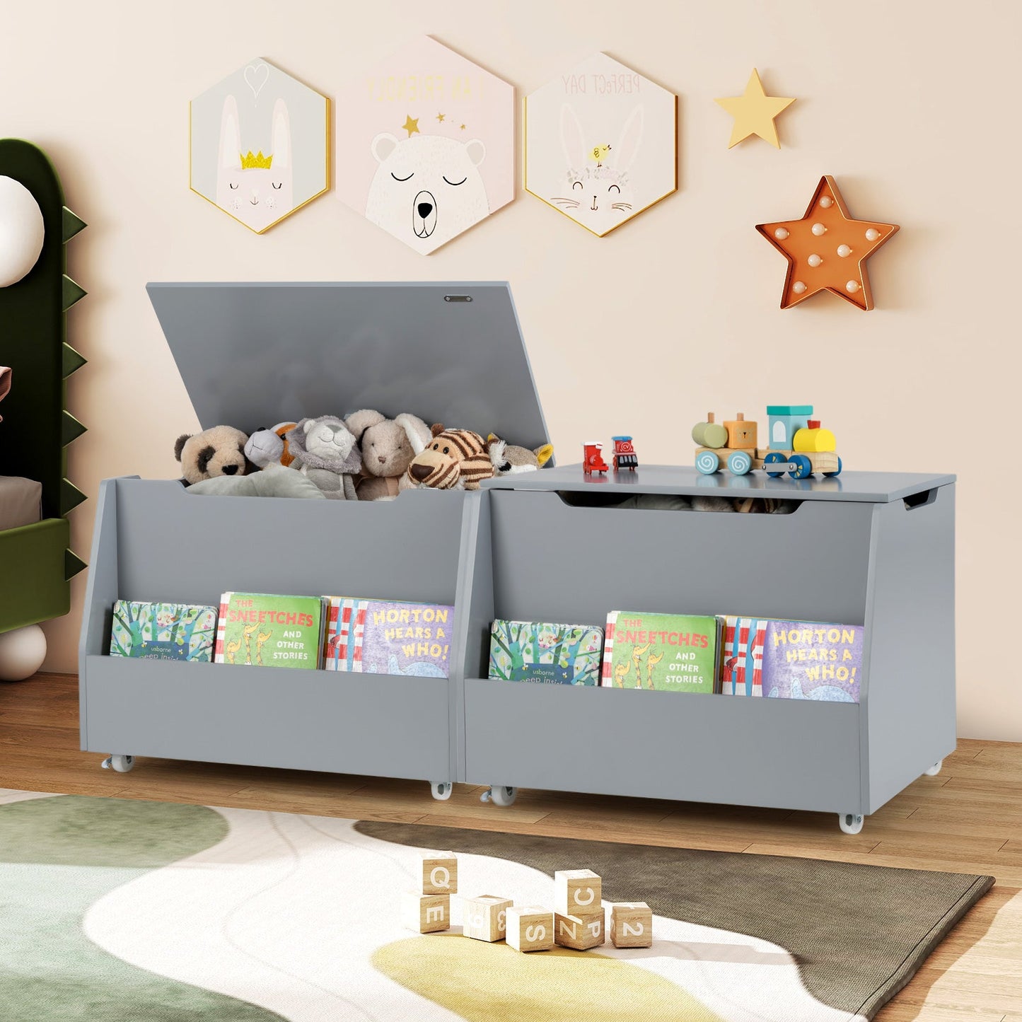 Mobile Toy Storage Organizer with Bookshelf and Wheels for Playroom Bedroom-Grey