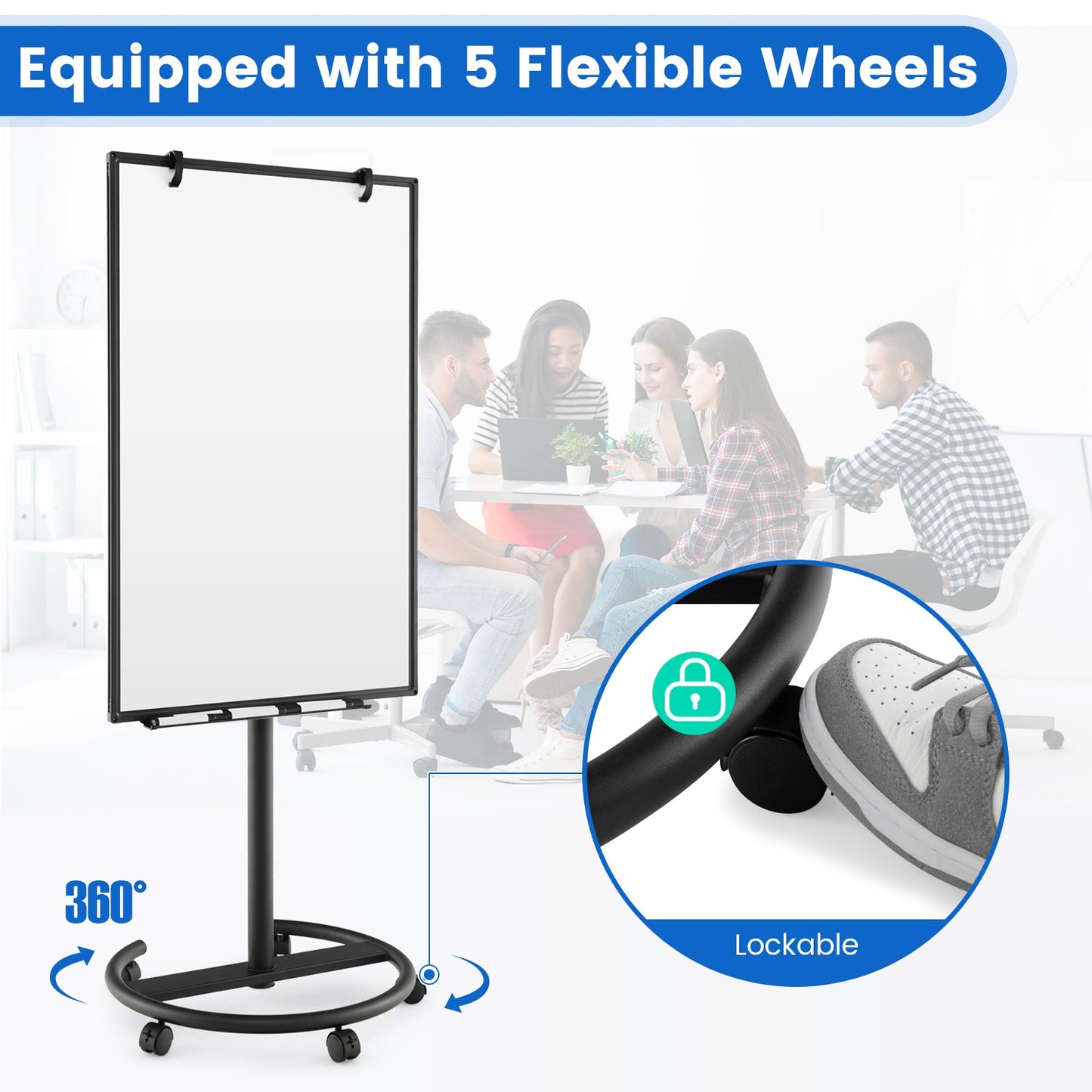 100 cm x 65 cm Height-Adjustable Magnetic Whiteboard on Wheels-Black &amp;amp; White