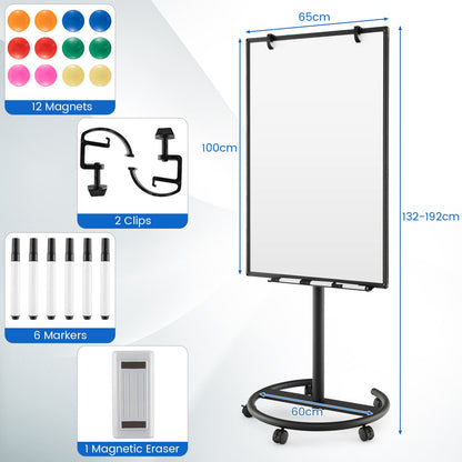 100 cm x 65 cm Height-Adjustable Magnetic Whiteboard on Wheels-Black &amp;amp; White