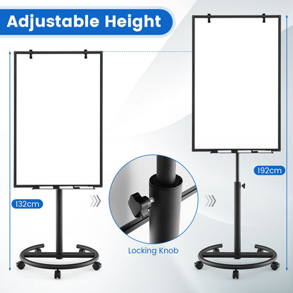 100 cm x 65 cm Height-Adjustable Magnetic Whiteboard on Wheels-Black