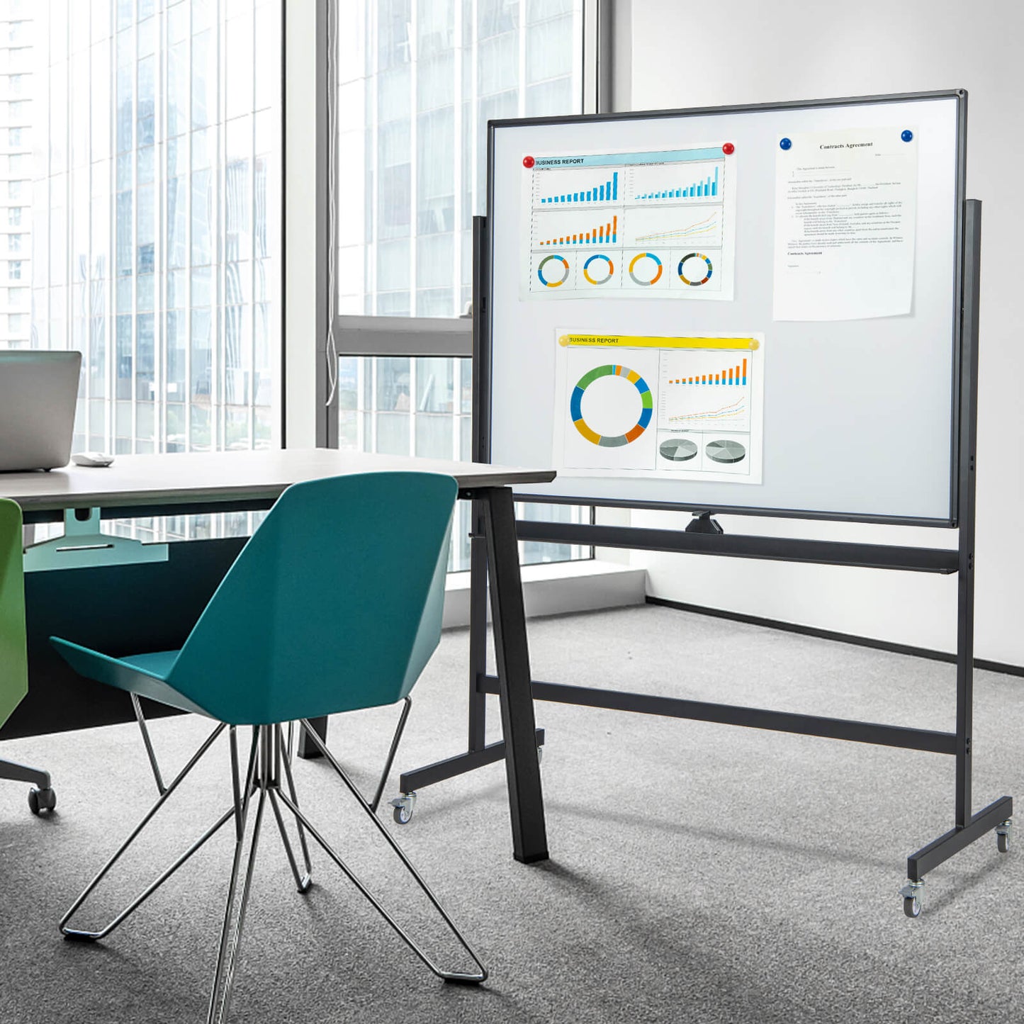 Mobile Whiteboard Reversible with Grid Pattern Board and Board Eraser-Black
