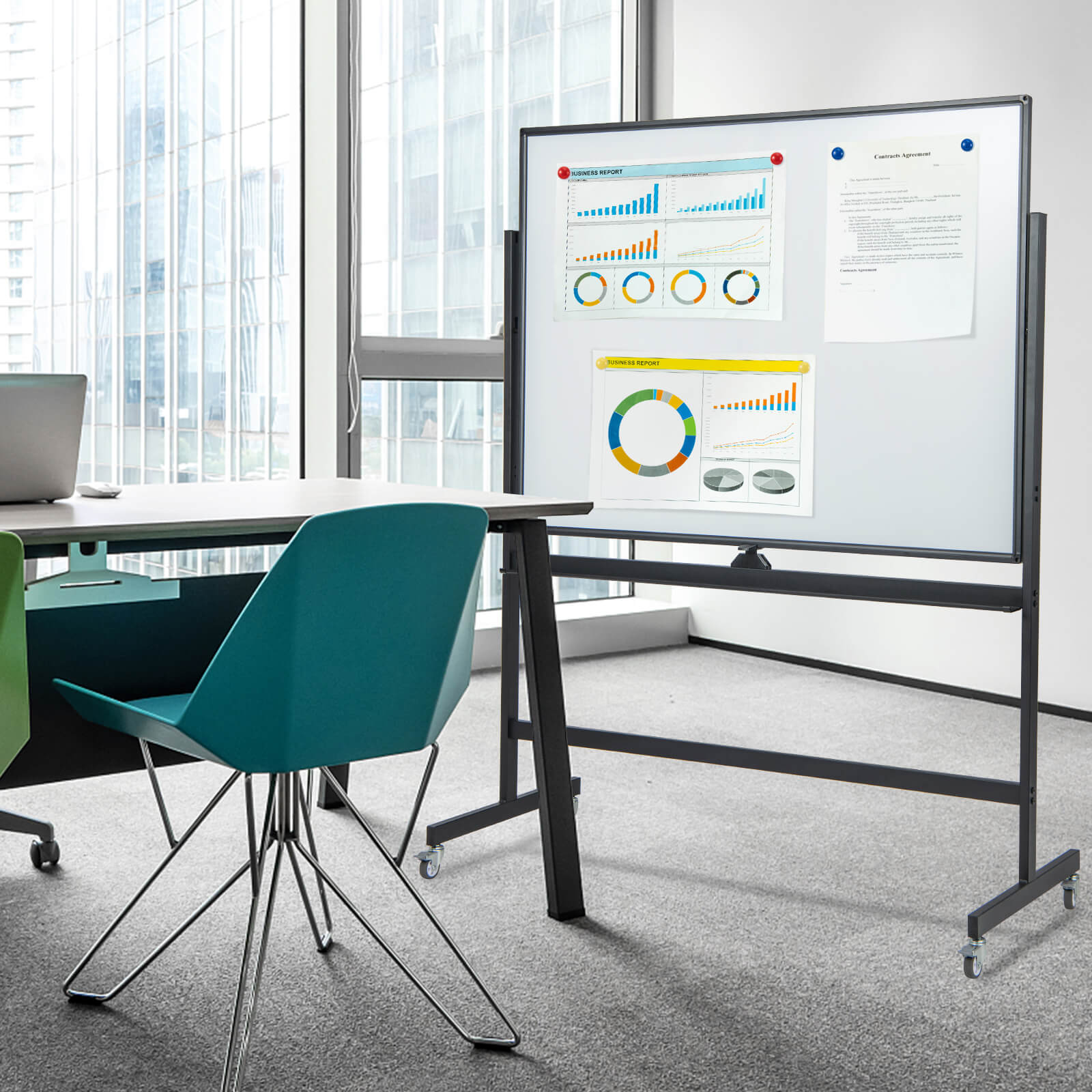 Mobile Whiteboard Reversible with Grid Pattern Board and Board Eraser-Black