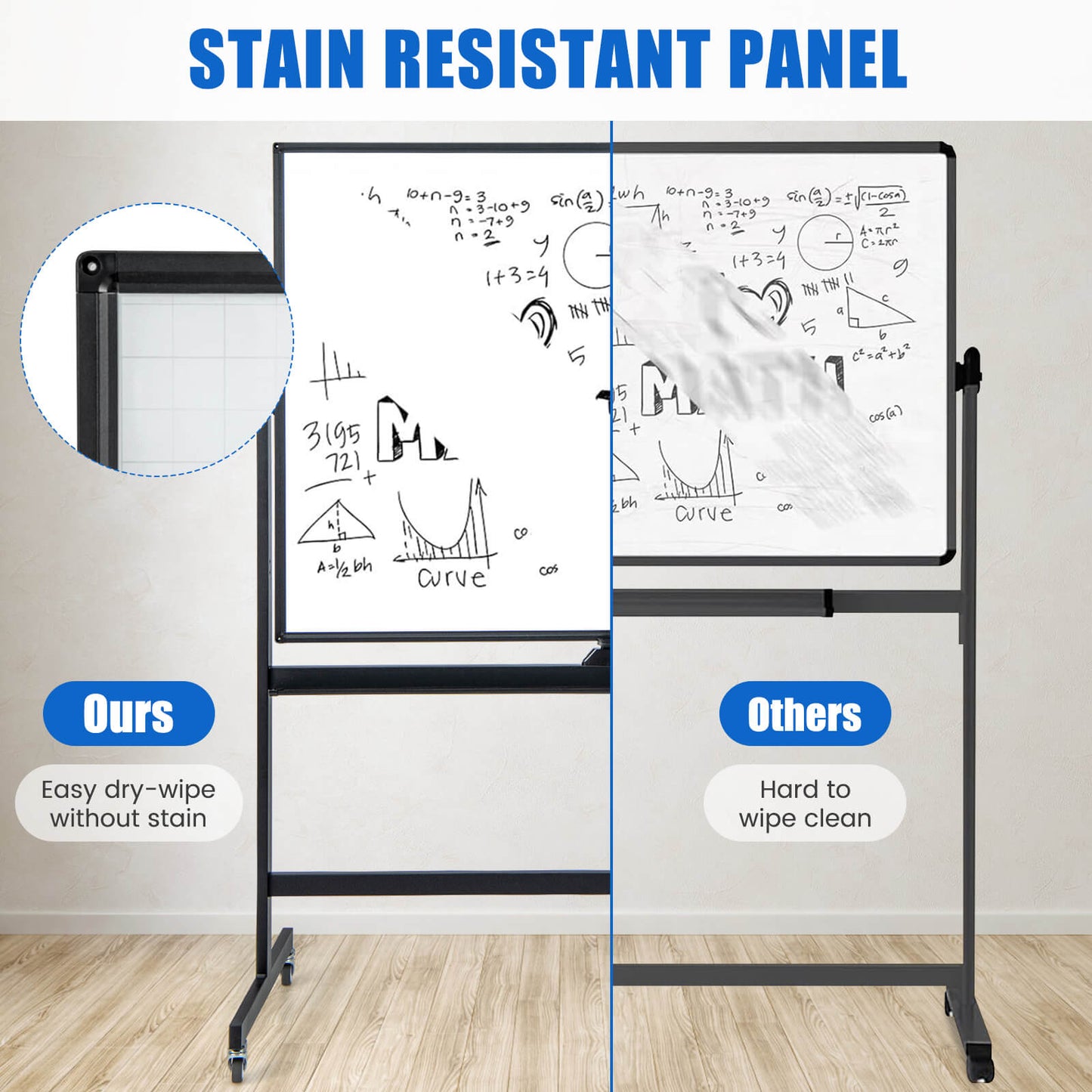 Mobile Whiteboard Reversible with Grid Pattern Board and Board Eraser-Black