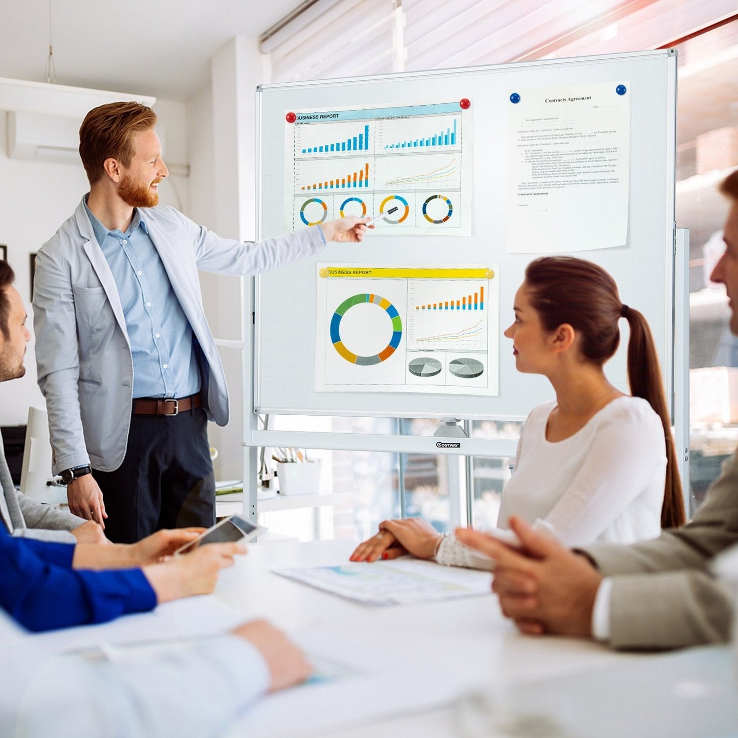 Mobile Whiteboard Reversible with Grid Pattern Board and Board Eraser-White