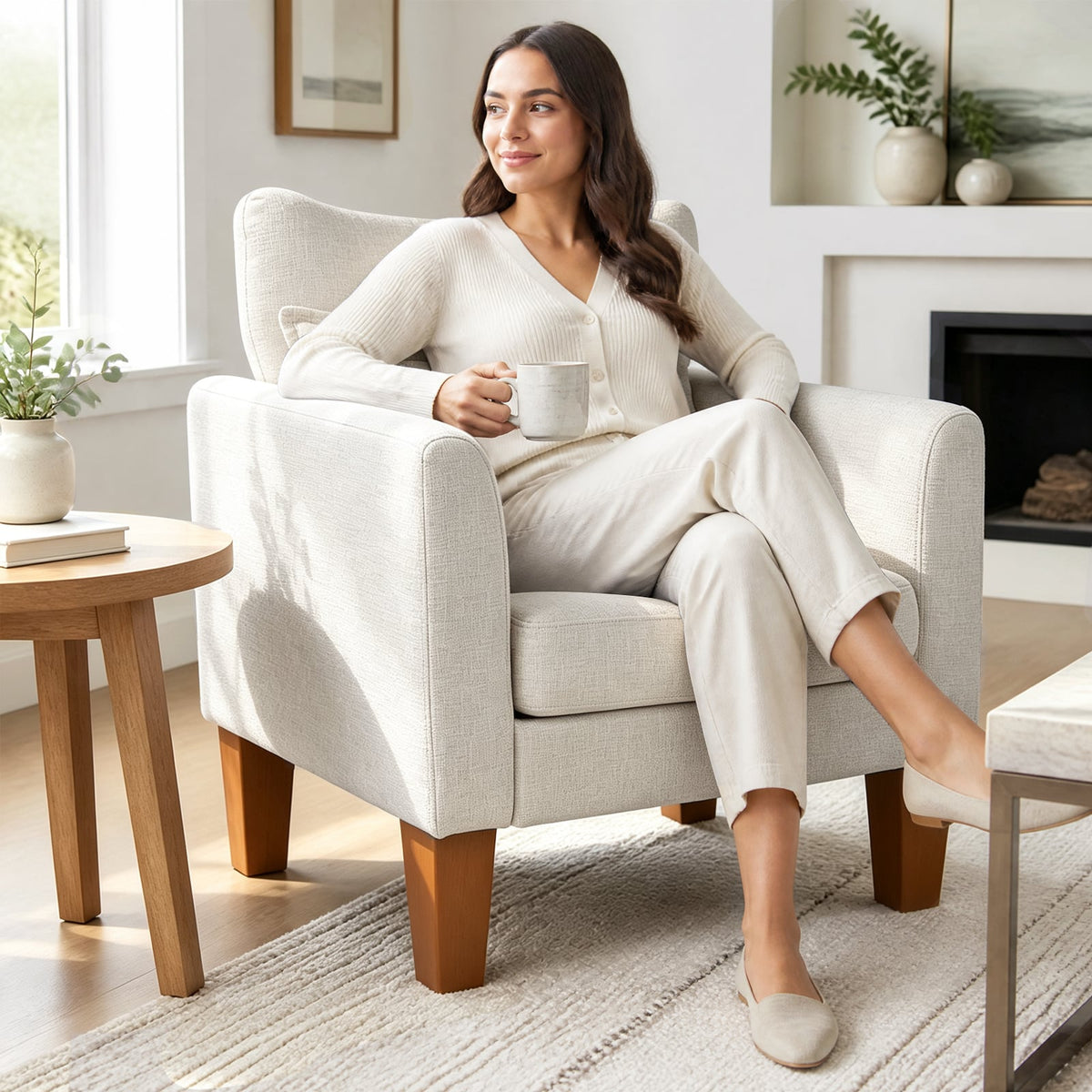 Modern Accent Chair with Removable Cushion and Pillow for Living Room-Beige