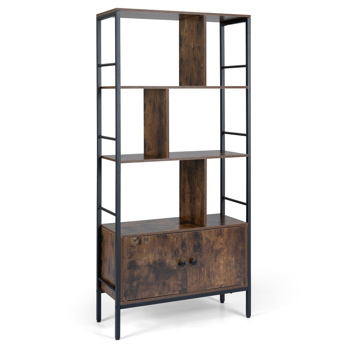 Modern Bookcase with Steel Frame 3-Tier Shelves and 2-Door Cabinet for Living Room-Rustic Brown