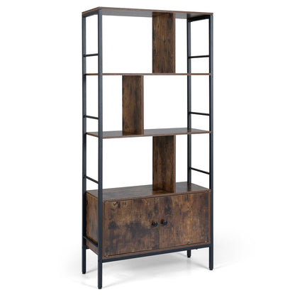Modern Bookcase with Steel Frame 3-Tier Shelves and 2-Door Cabinet for Living Room-Rustic Brown