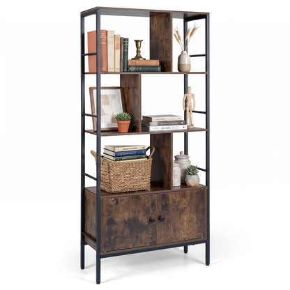 Modern Bookcase with Steel Frame 3-Tier Shelves and 2-Door Cabinet for Living Room-Rustic Brown