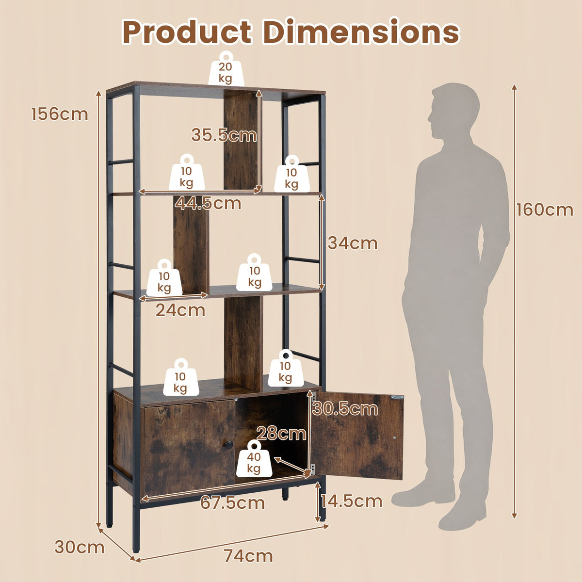 Modern Bookcase with Steel Frame 3-Tier Shelves and 2-Door Cabinet for Living Room-Rustic Brown