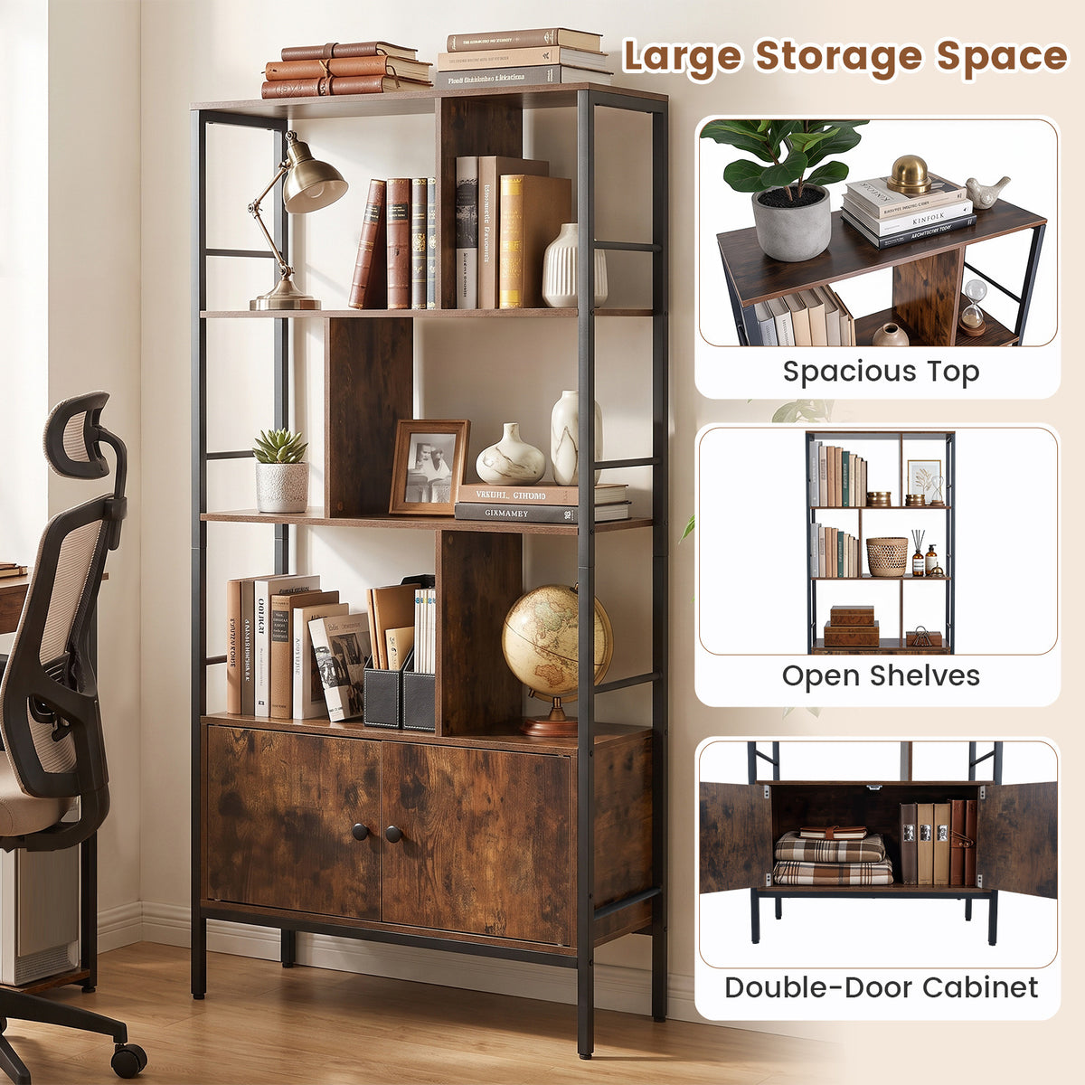 Modern Bookcase with Steel Frame 3-Tier Shelves and 2-Door Cabinet for Living Room-Rustic Brown