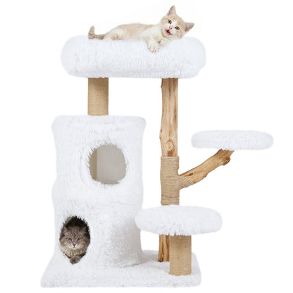 Modern Cat Tree for Indoor Cats 93CM Cat Tower with Real Solid Wood Branches-White