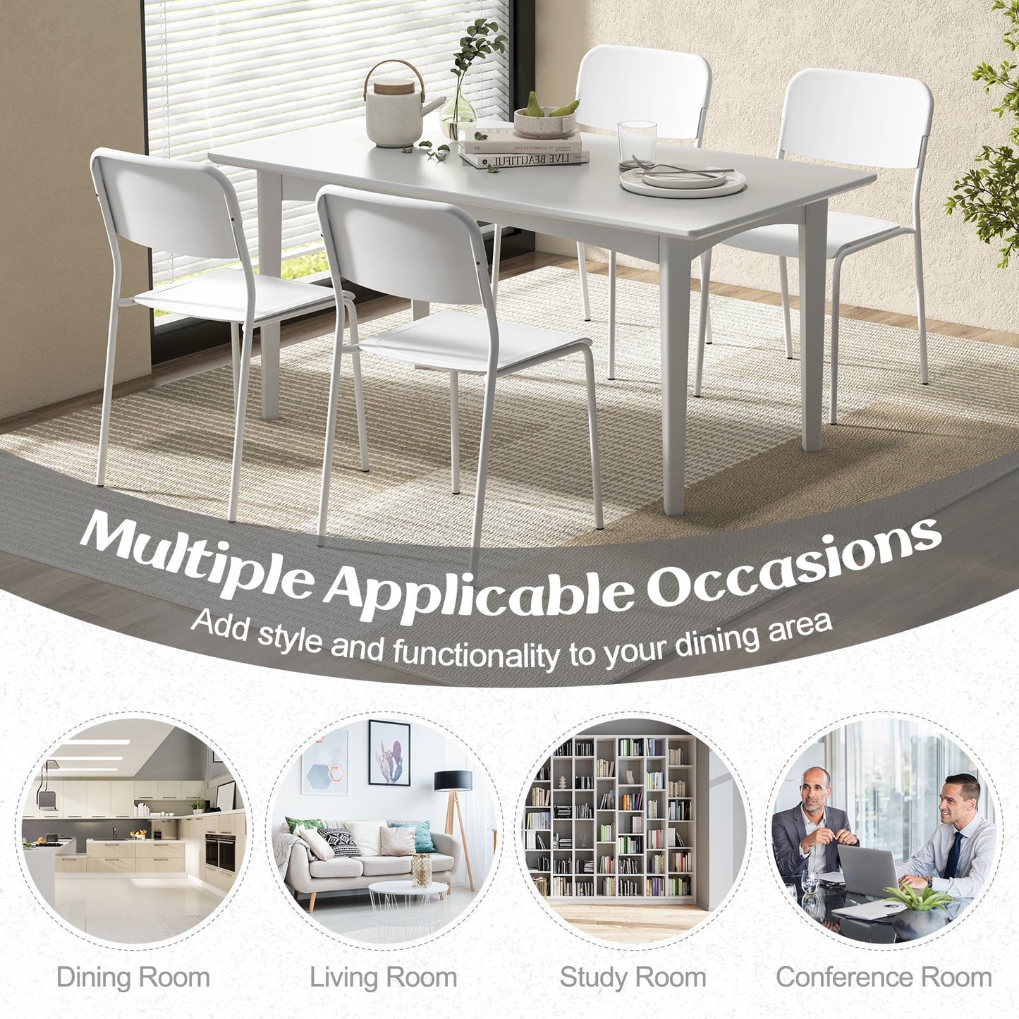 Modern Dining Chairs Set of 8 with Tilted Backrest and Sturdy Metal Legs-White