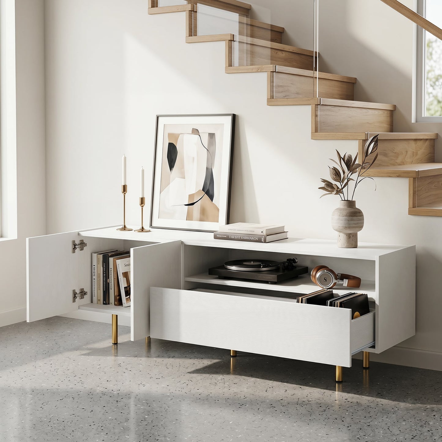 Modern Entertainment Center with 2 Doors Drawer and 5 Metal Legs-White
