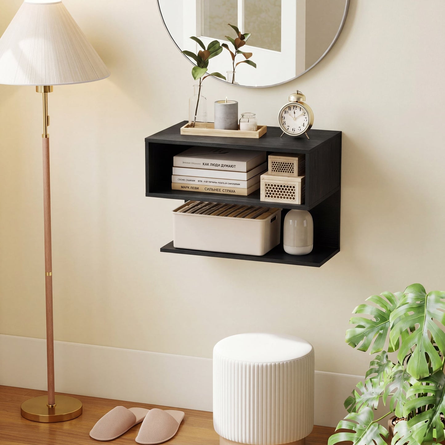 Modern Floating Nightstand with Storage Shelves for Living Room and Bed Room-Black