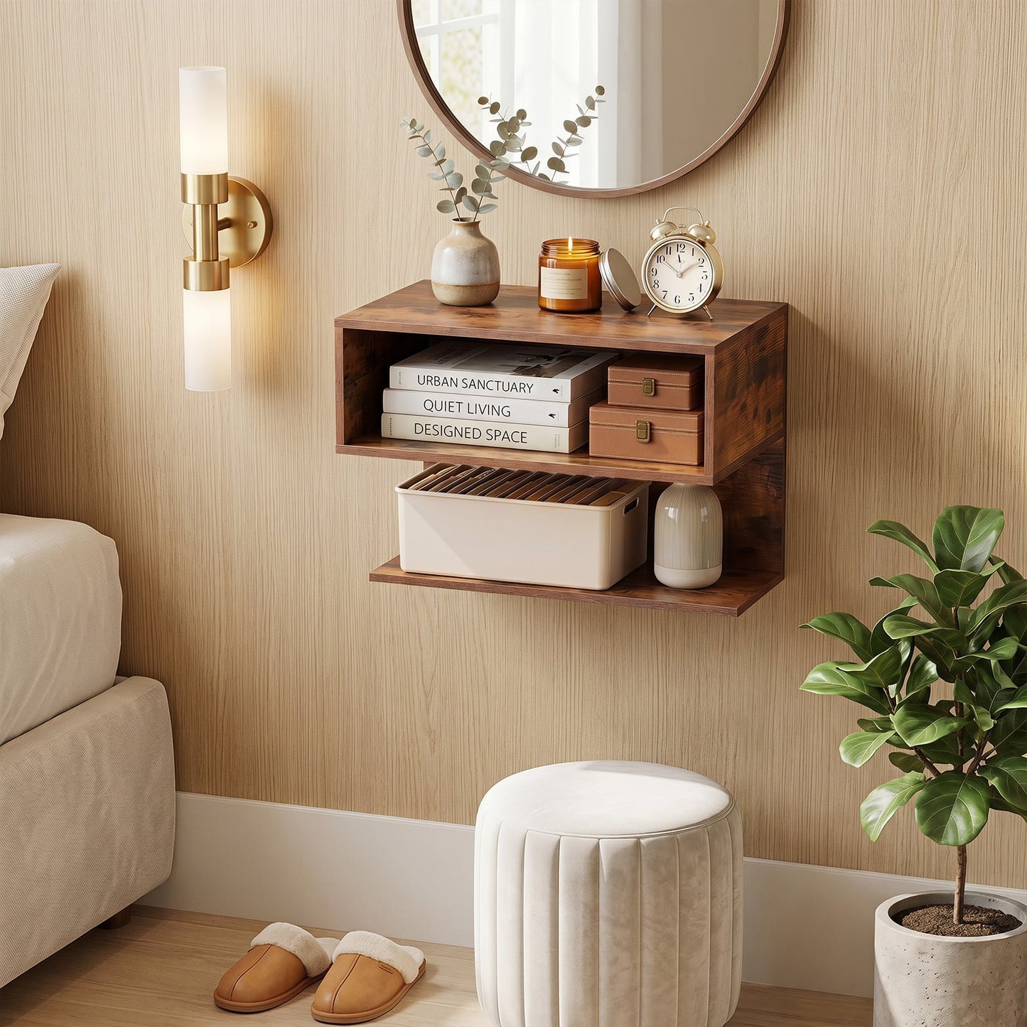 Modern Floating Nightstand with Storage Shelves for Living Room and Bed Room-Rustic Brown