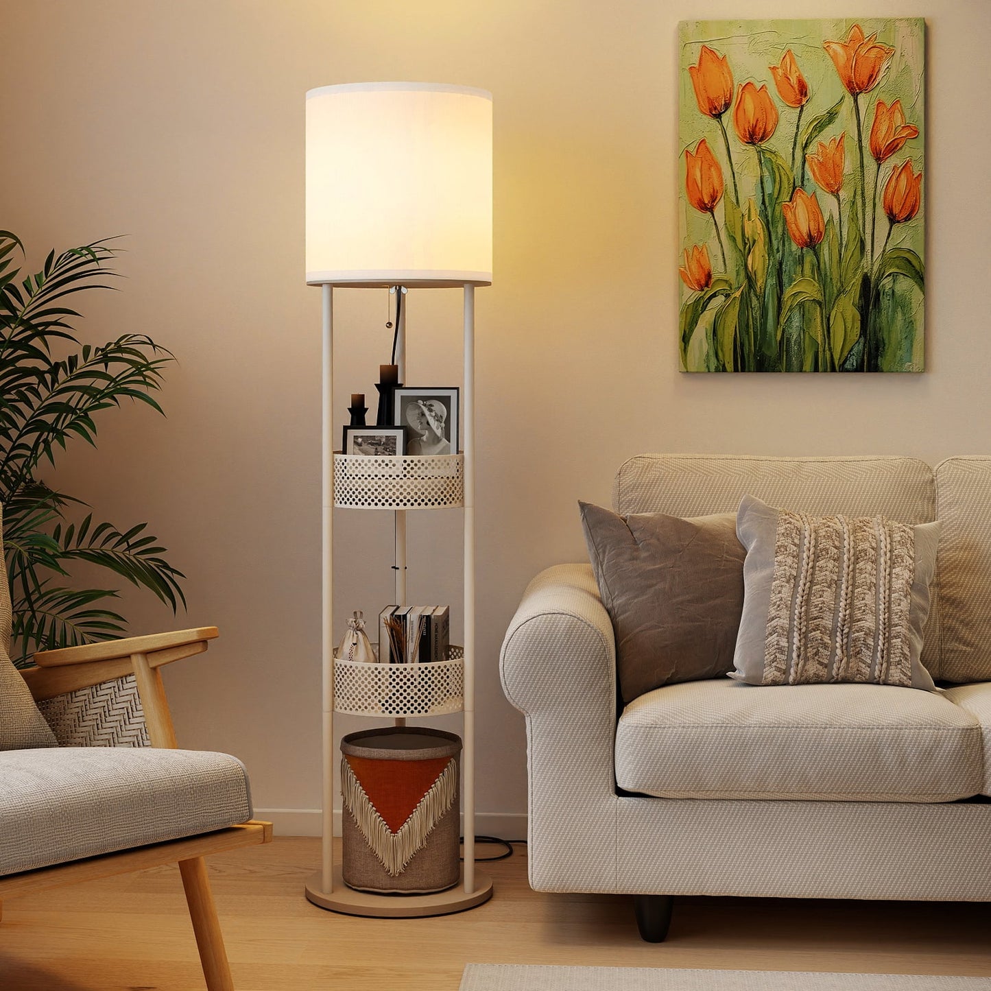 Modern Floor Lamp with 3-Tier Shelves Pull Chain Switch and Fabric Shade for Living Room-White