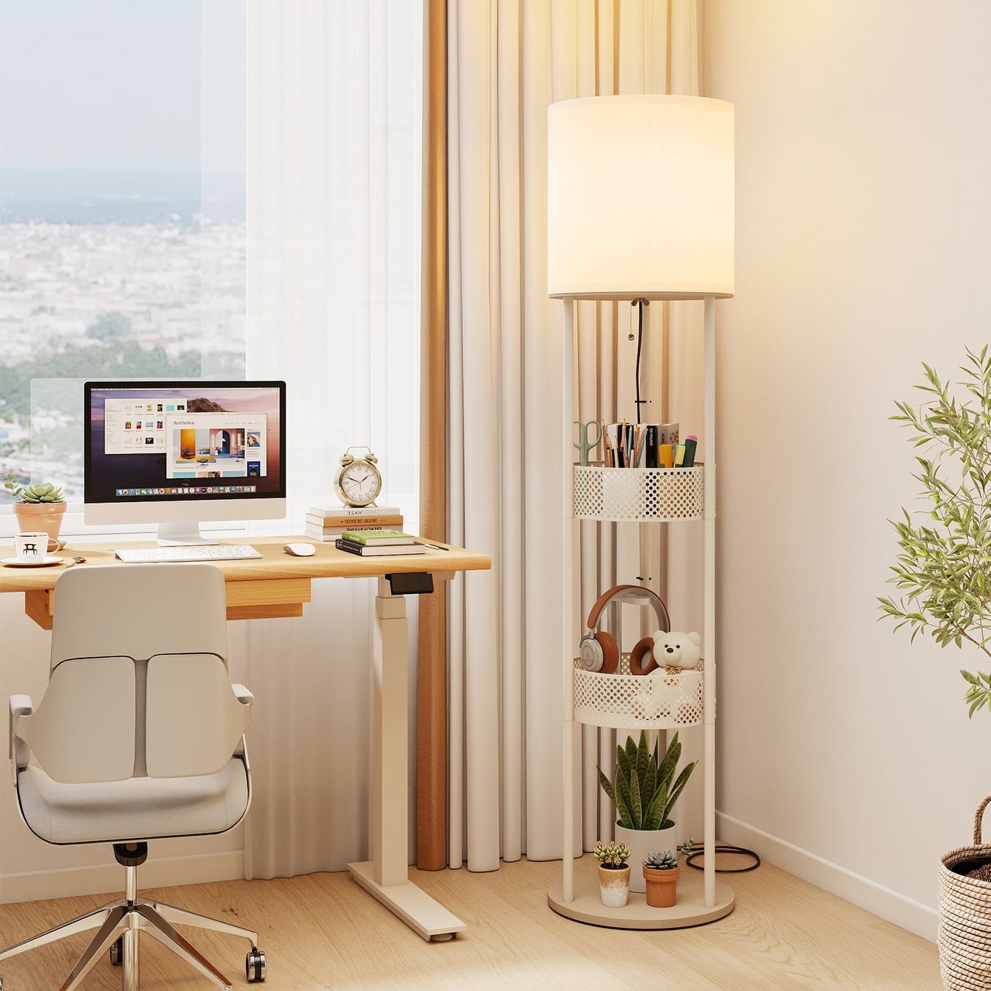 Modern Floor Lamp with 3-Tier Shelves Pull Chain Switch and Fabric Shade for Living Room-White