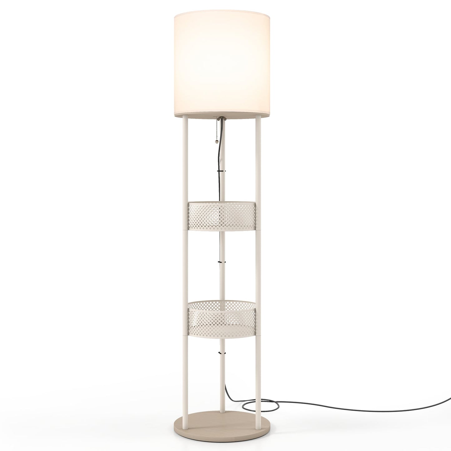 Modern Floor Lamp with 3-Tier Shelves Pull Chain Switch and Fabric Shade for Living Room-White