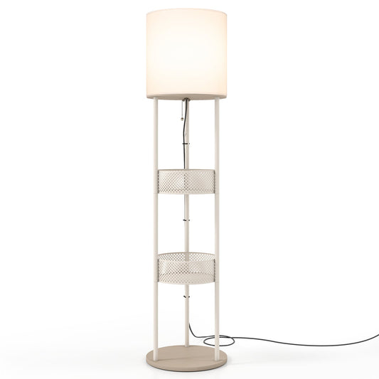 Modern Floor Lamp with 3-Tier Shelves Pull Chain Switch and Fabric Shade for Living Room-White
