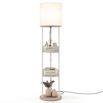 Modern Floor Lamp with 3-Tier Shelves Pull Chain Switch and Fabric Shade for Living Room-White
