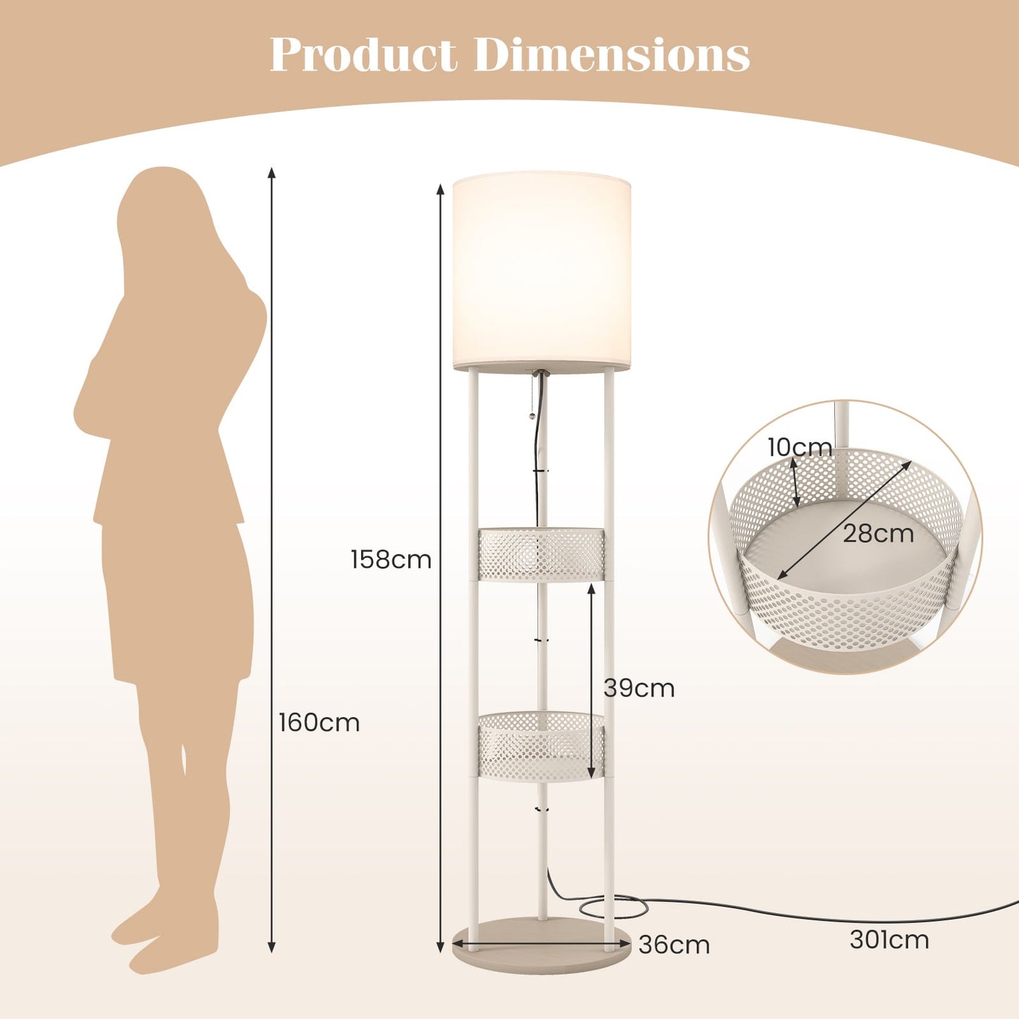 Modern Floor Lamp with 3-Tier Shelves Pull Chain Switch and Fabric Shade for Living Room-White
