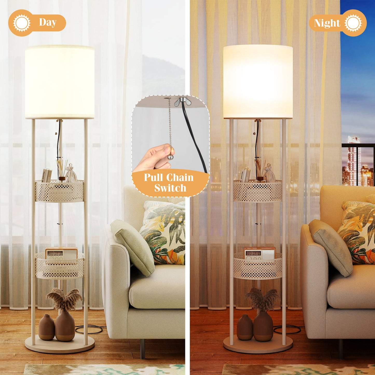 Modern Floor Lamp with 3-Tier Shelves Pull Chain Switch and Fabric Shade for Living Room-White