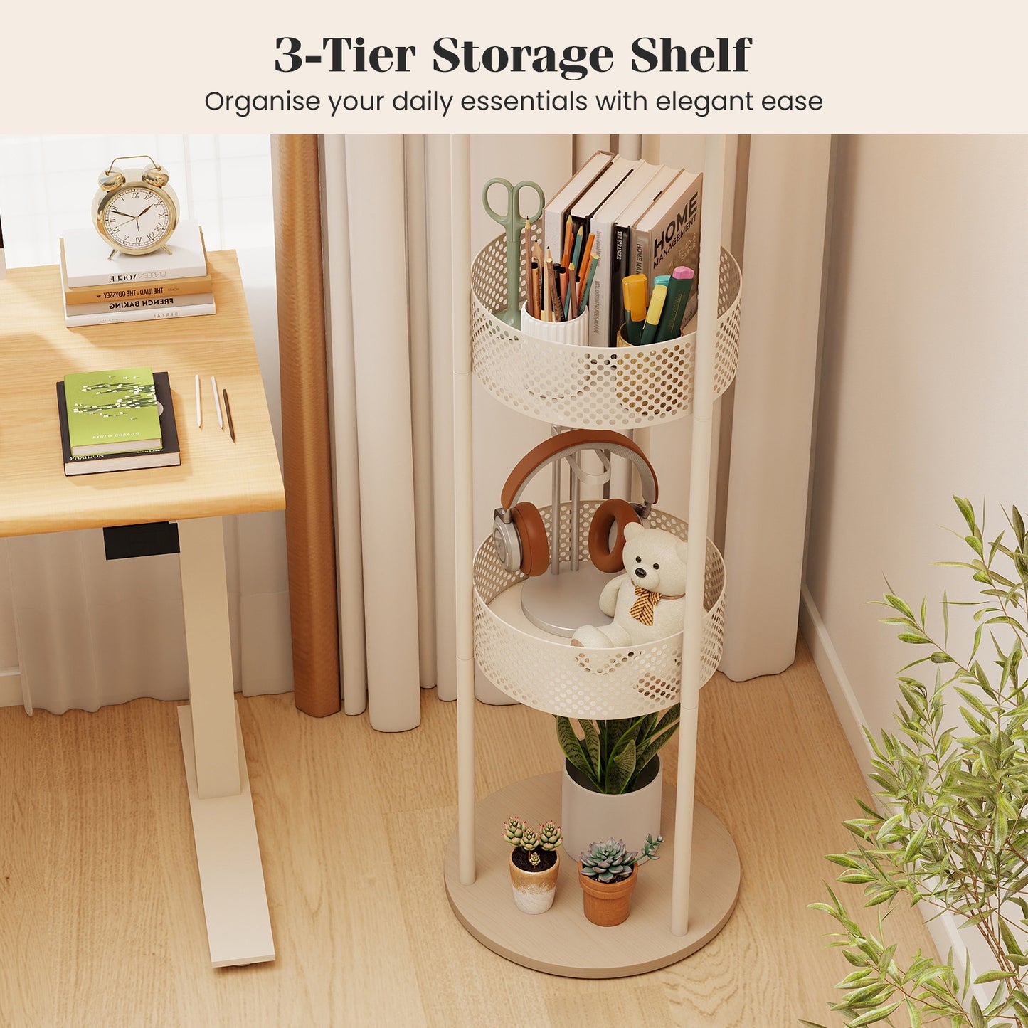 Modern Floor Lamp with 3-Tier Shelves Pull Chain Switch and Fabric Shade for Living Room-White