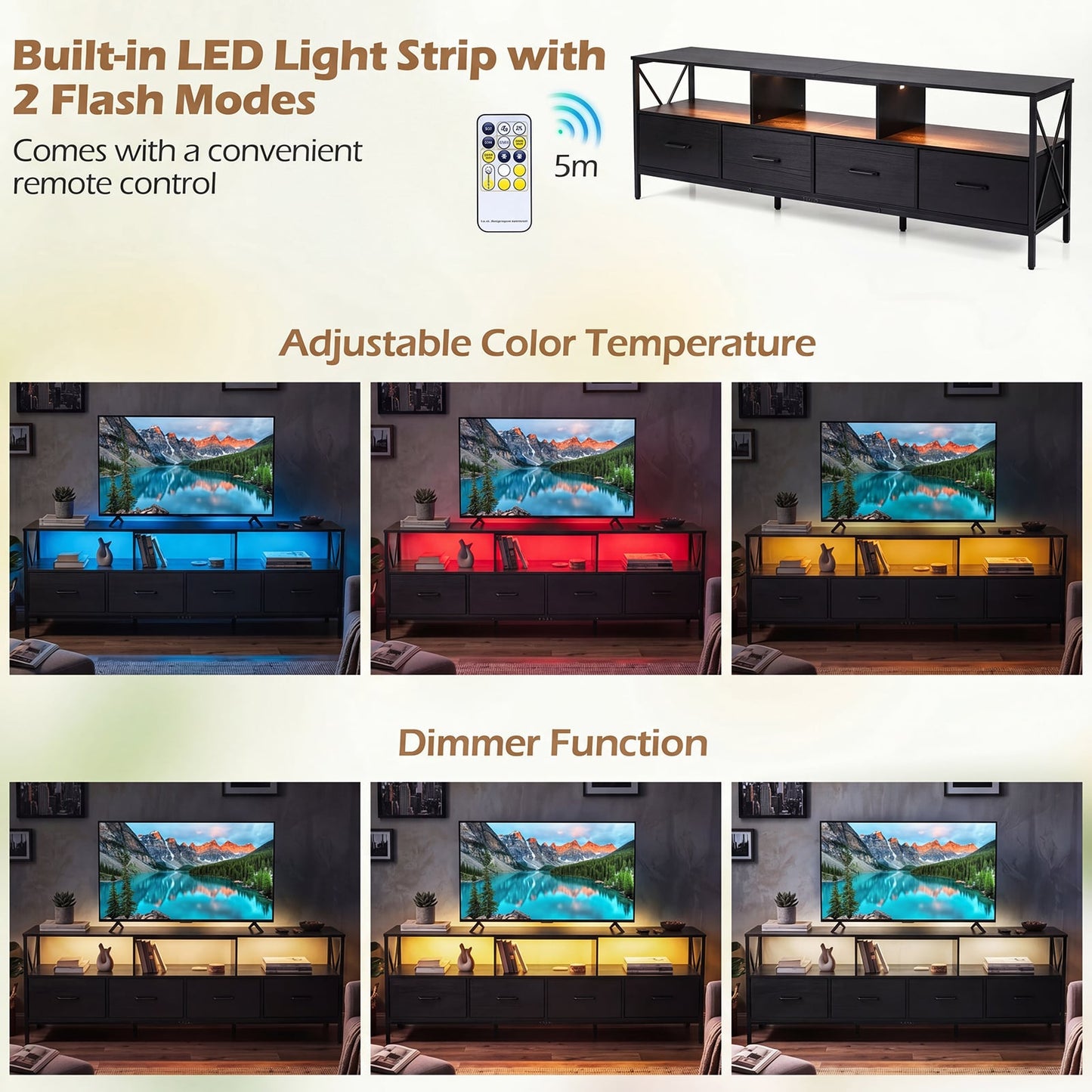 Modern LED Entertainment Center for 80" TVs with 4 Folding Fabric Drawers and Heavy-duty Metal-Black