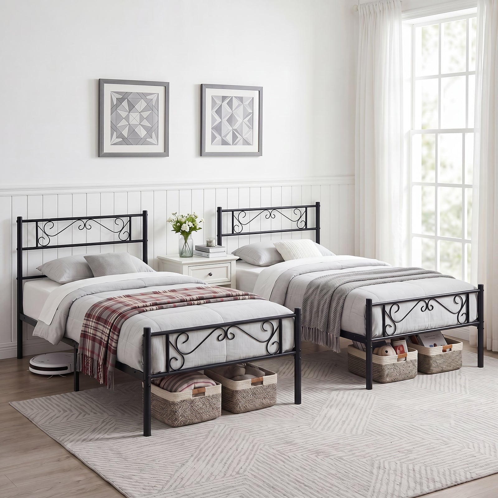 Modern Metal Bed Frame with Floral Headboard and Footboard-Black Single Size