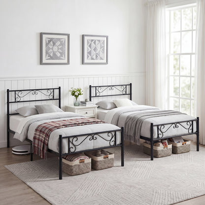 Modern Metal Bed Frame with Floral Headboard and Footboard-Black Single Size