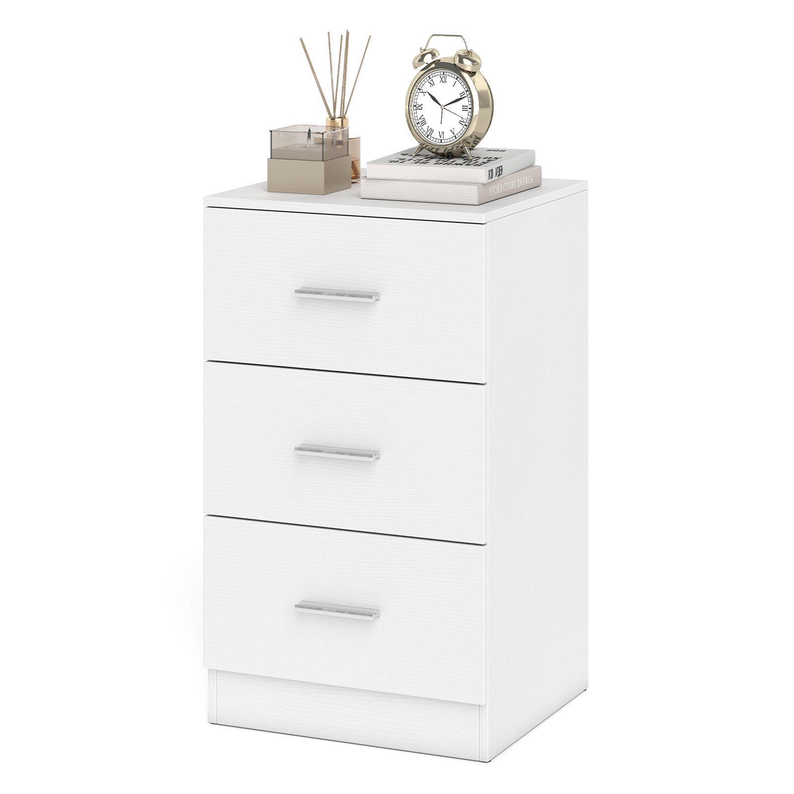 Modern Nightstand End Table with 3 Storage Drawers 2 Anti-tip Kits-White