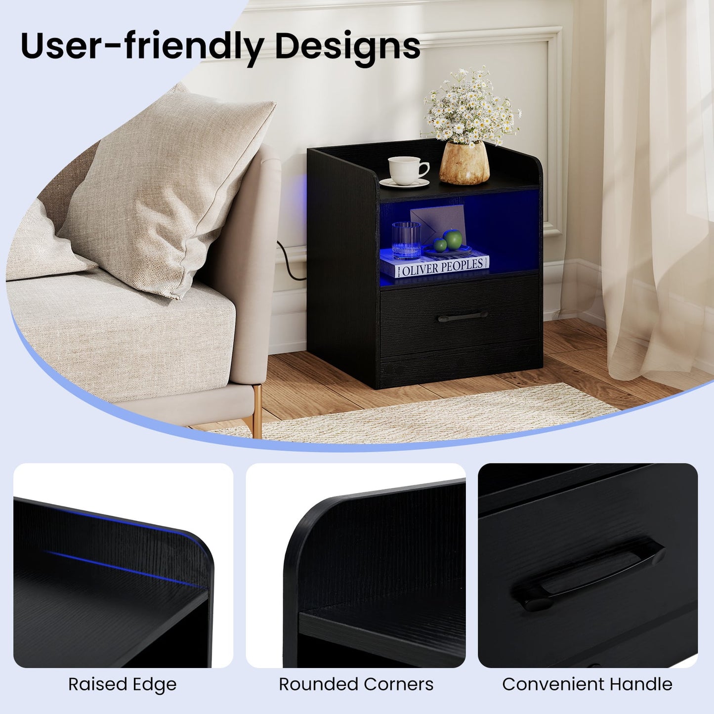 Modern Nightstand with Drawer & Open Shelf and Colorful Light Strip for Bedroom-Black