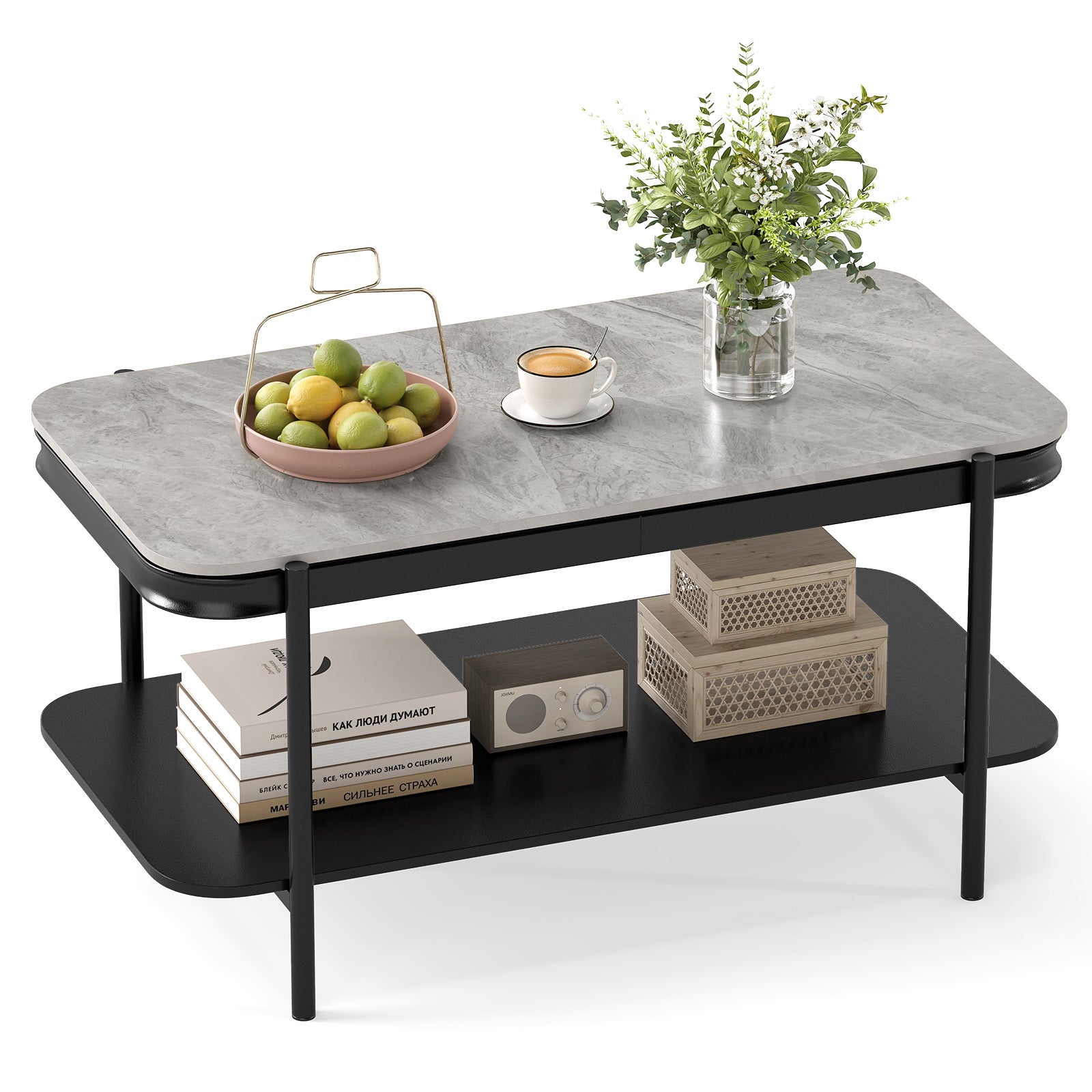 Modern Rectangular Coffee Table 2-Tier Center Table-Grey