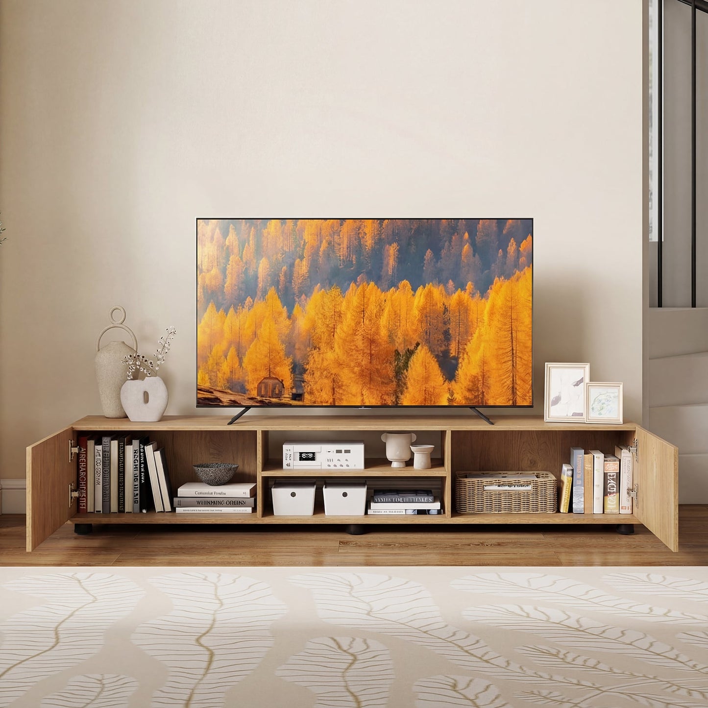 Modern TV Stand for up to 70" TVs with 2 Doors and Open Shelves-Natrual
