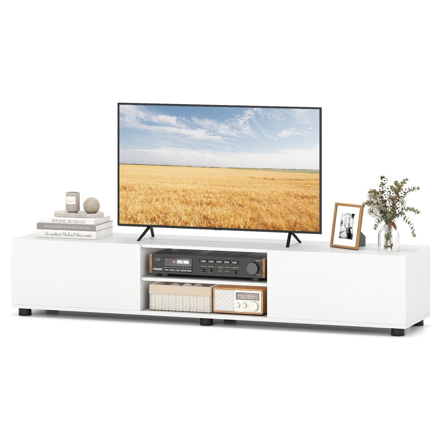 Modern TV Stand for up to 70" TVs with 2 Doors and Open Shelves-White