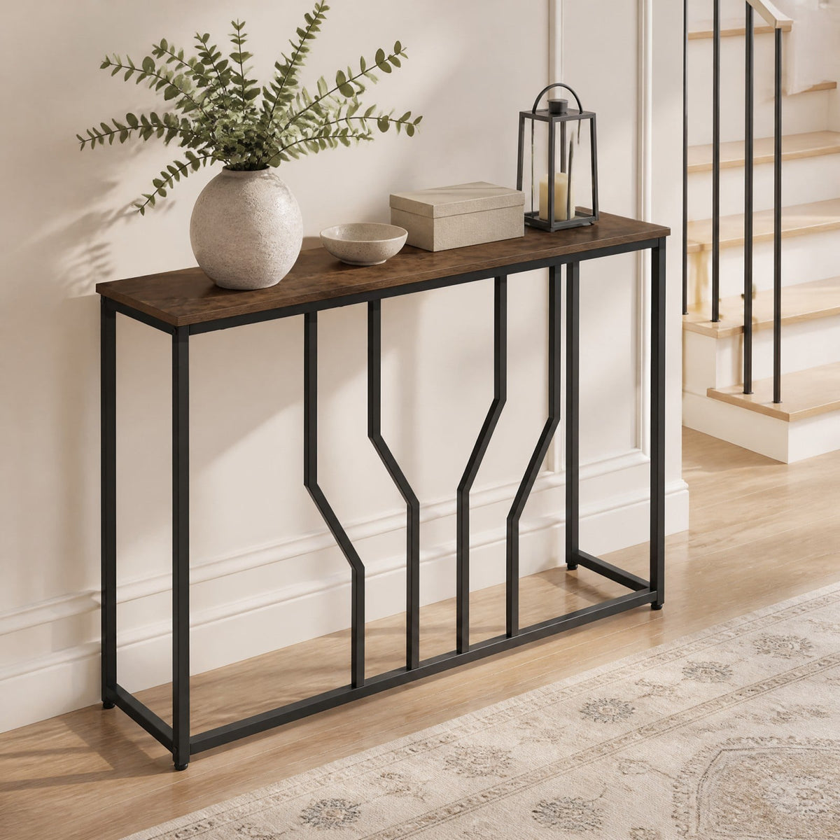Modern White Faux Marble Entryway Table in Rustic Brown, image 6