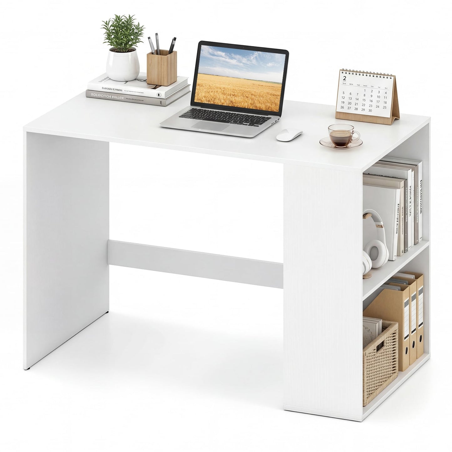 Modern Wooden Office Desk with Storage and 2 Open Shelves-Off White
