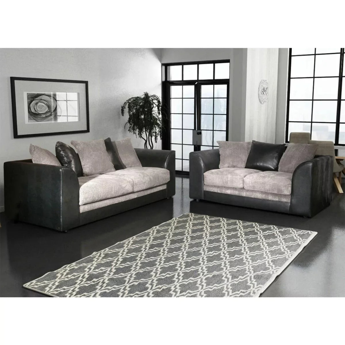 Modern Suite Cord Fabric Corner Sofa - Black and Grey