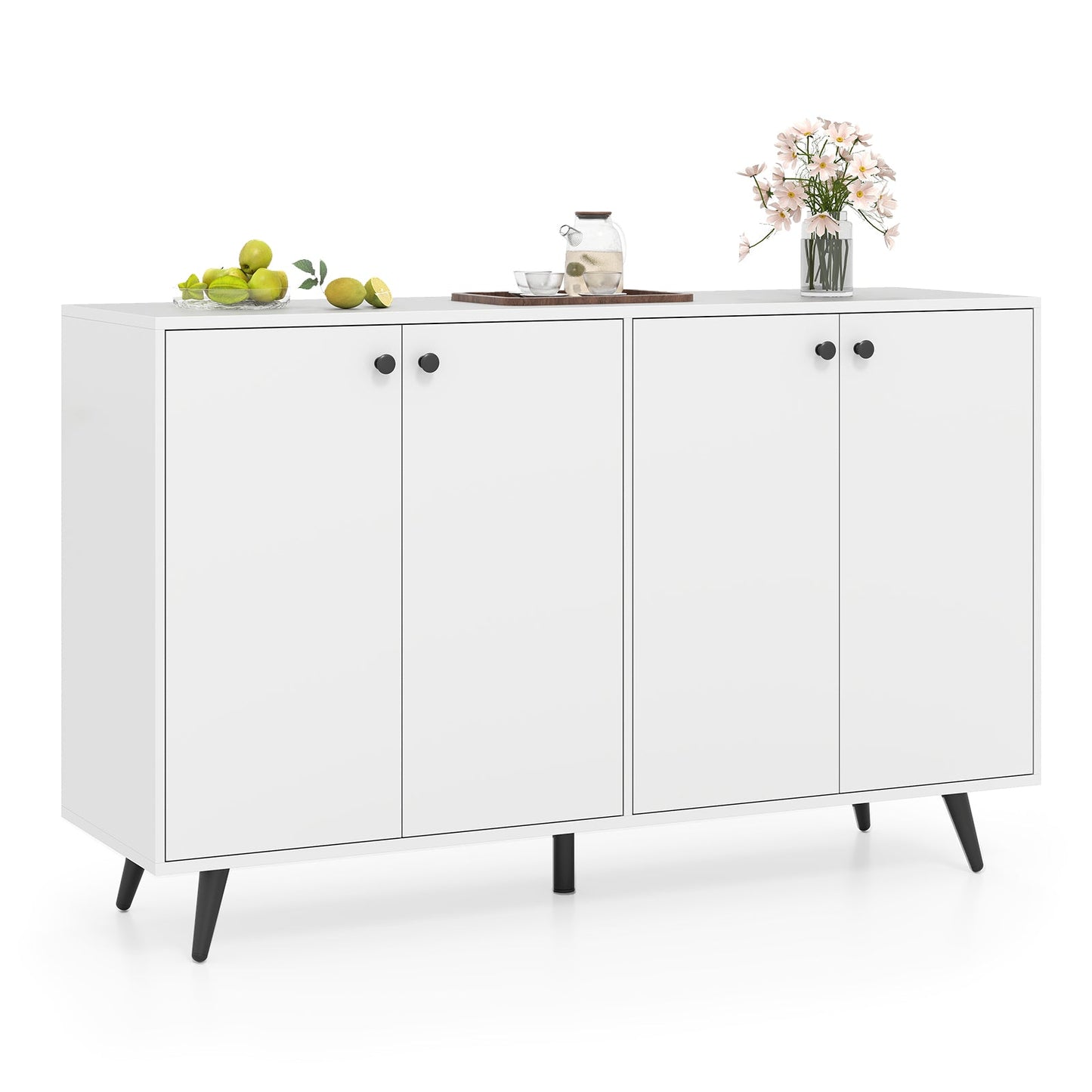 Mid Century Modern 4-Door Storage Cabinet with 5-Position Adjustable Shelves-White