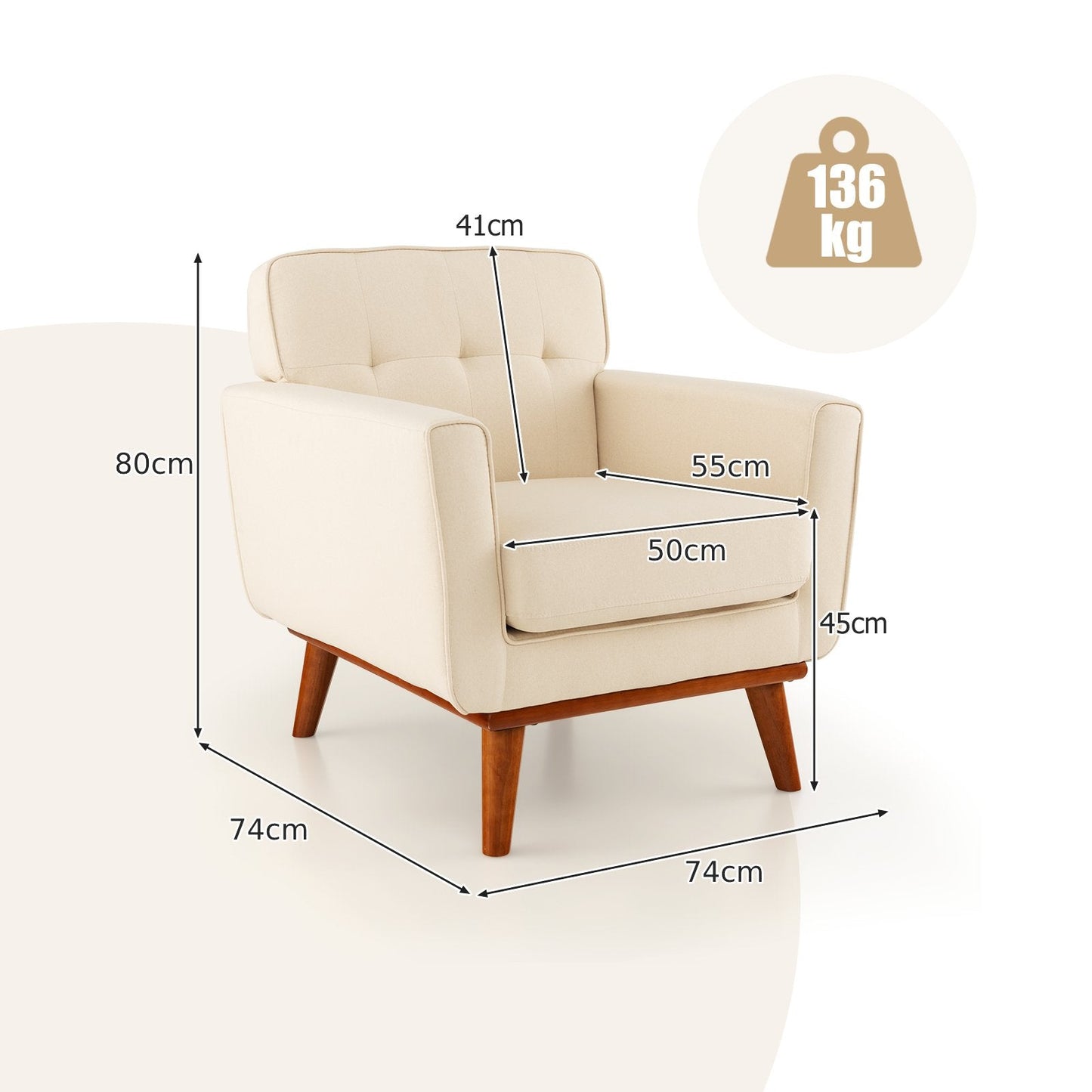 Modern Accent Armchair with Removable Padded Seat Cushion-Beige